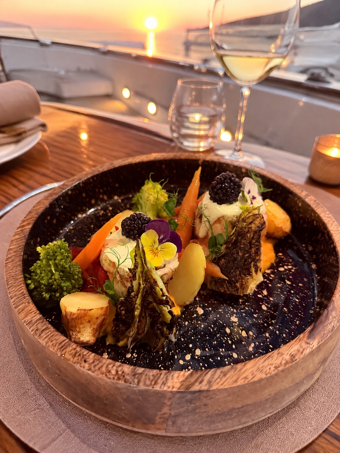 Mediterranean private dining served at sunset in Rhodes