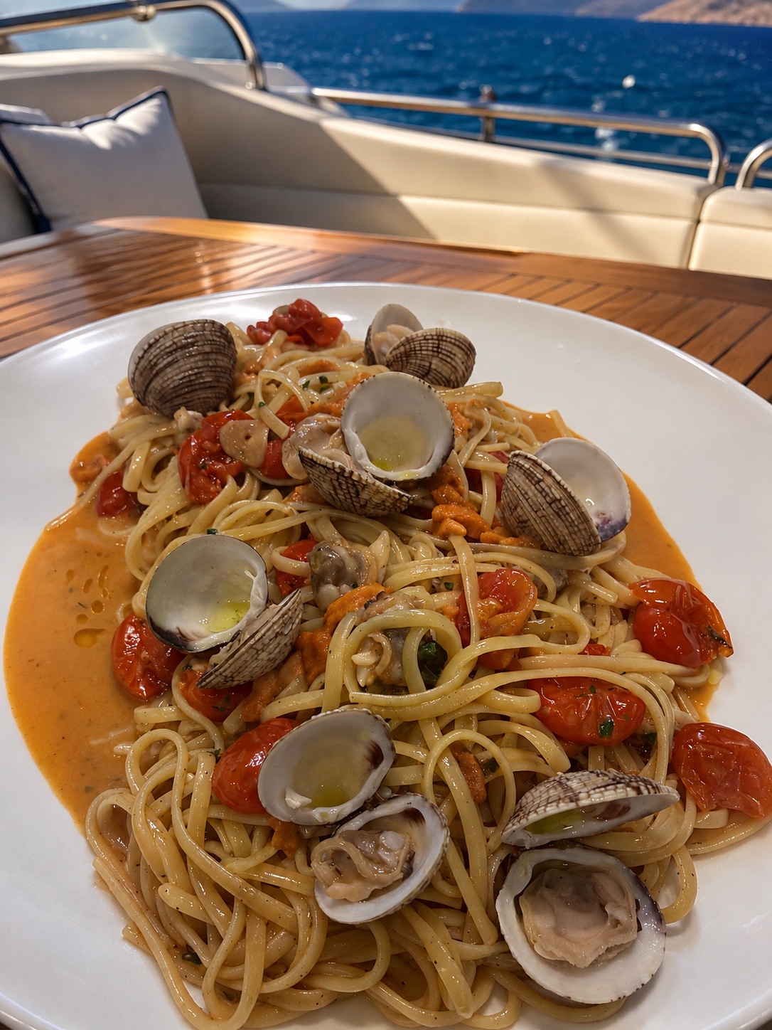 Seafood pasta served during a private yacht dining experience in Rhodes